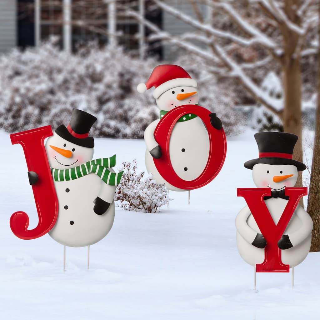 Glitzhome Metal "JOY" Snowman Gingerbread Man Penguin Yard Stake