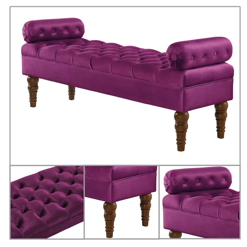 Modern luxury style tufted upholstered bench with pillow style armrests and wooden legs