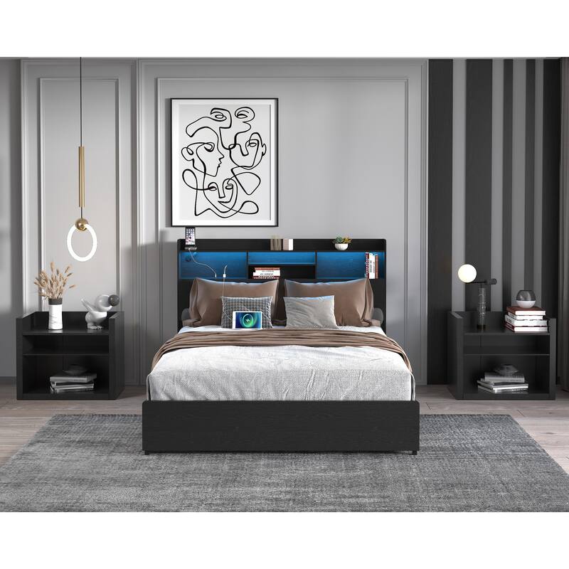 Black Platform Storage Bed Frame with Pull-out Storage Drawers and Storage Shelf Headboard Built-in Charging Station