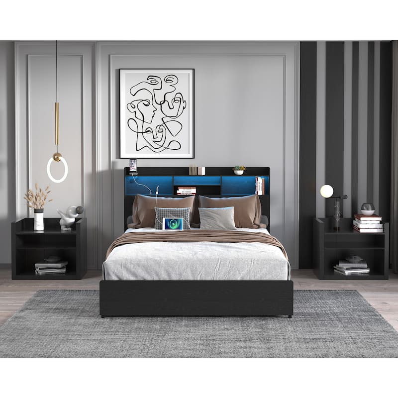 Platform Bed Frame with Storage Headboard, USB Charging Station, LED Lights, Storage Shelf, 4 Storage Drawers, No Noise, Black - Black - Queen