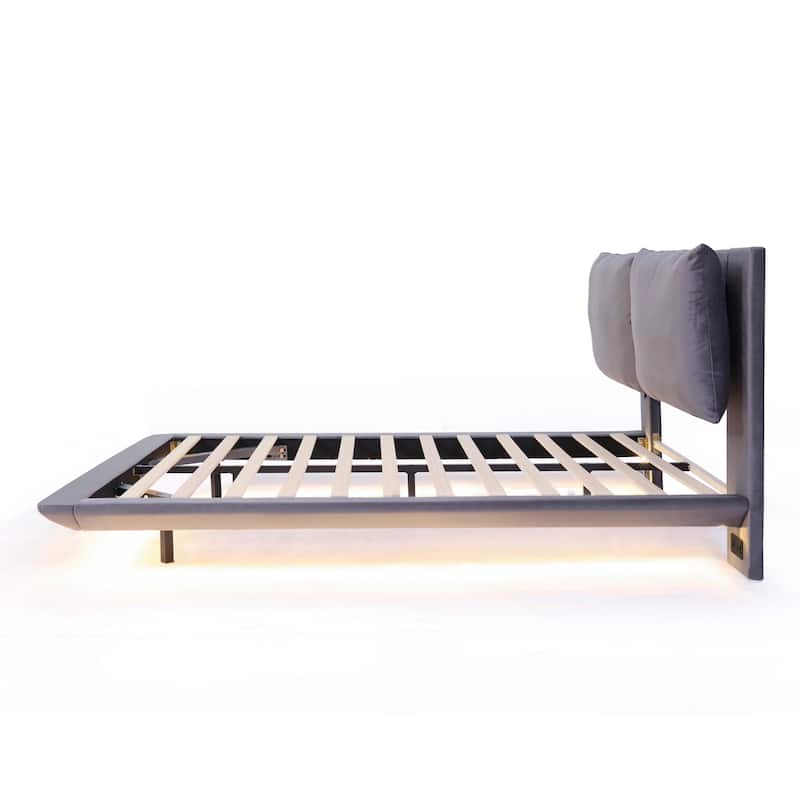 Queen Velvet Upholstered Platform Bed with Motion Sensor Light, USB Ports, and Floating Frame, Elegant Design