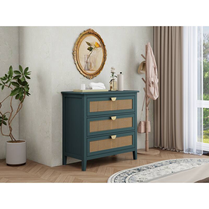 Rattan Storage Cabinet with Wood Grain Finish & Semi-Circle Metal Handles, Accent Cabinet with Anti-Slip Foot Pads