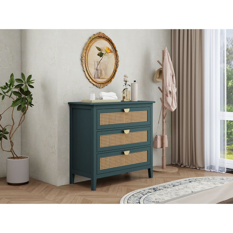 Roomfitters 3 Drawer Cabinet, Rattan Storage Dresser Chest for Bedroom, Living Room