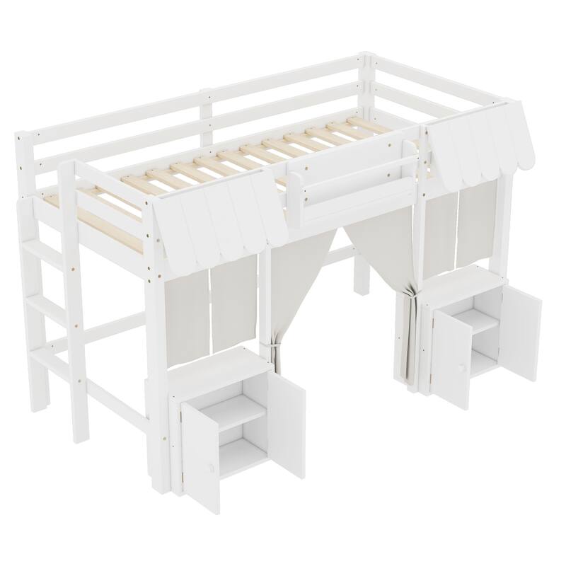 Twin Loft Bed with Built-in Bookshelf, Curtain, and Storage Shelf Amusement Park-Inspired Playful, White