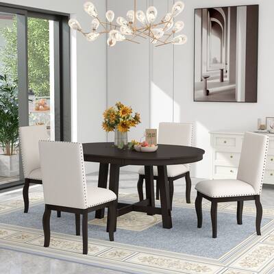 CTEX 5 Piece Farmhouse Dining Table Set Wood Round Extendable Dining Table and 4 Upholstered Dining Chairs,Brown