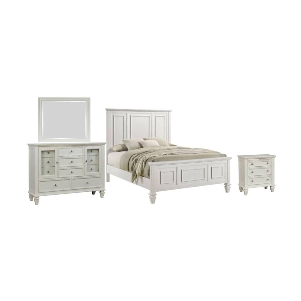 Lila 4 Piece King Bed Set, White Wood Panel Headboard, Vanity Dresser