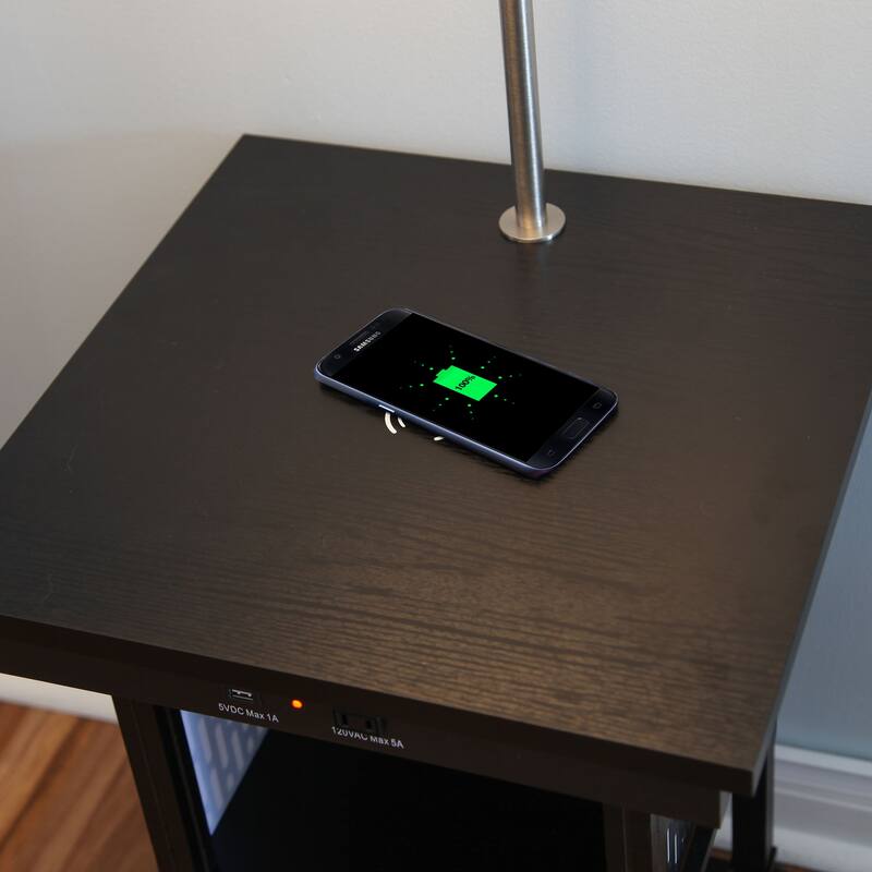 Brightech Madison 56 in. Classic Black Modern LED Bedside Table Lamp with Fabric Drum Shade and Wireless Charging Pad (2-Pack)