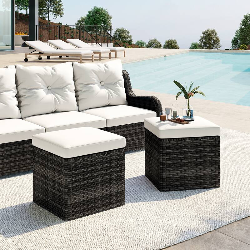 2 Set Outdoor 17.7" W Square Rattan Ottoman Patio Ottoman with Cushion