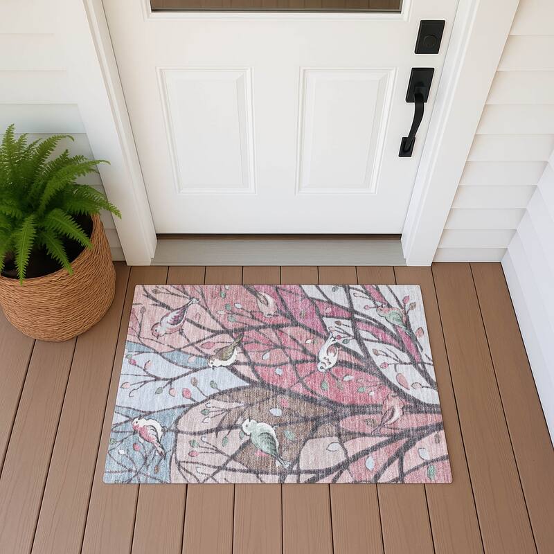 Machine Washable Indoor/ Outdoor Bird Mosaic Chantille Rug - Blush - 1'8" x 2'6"