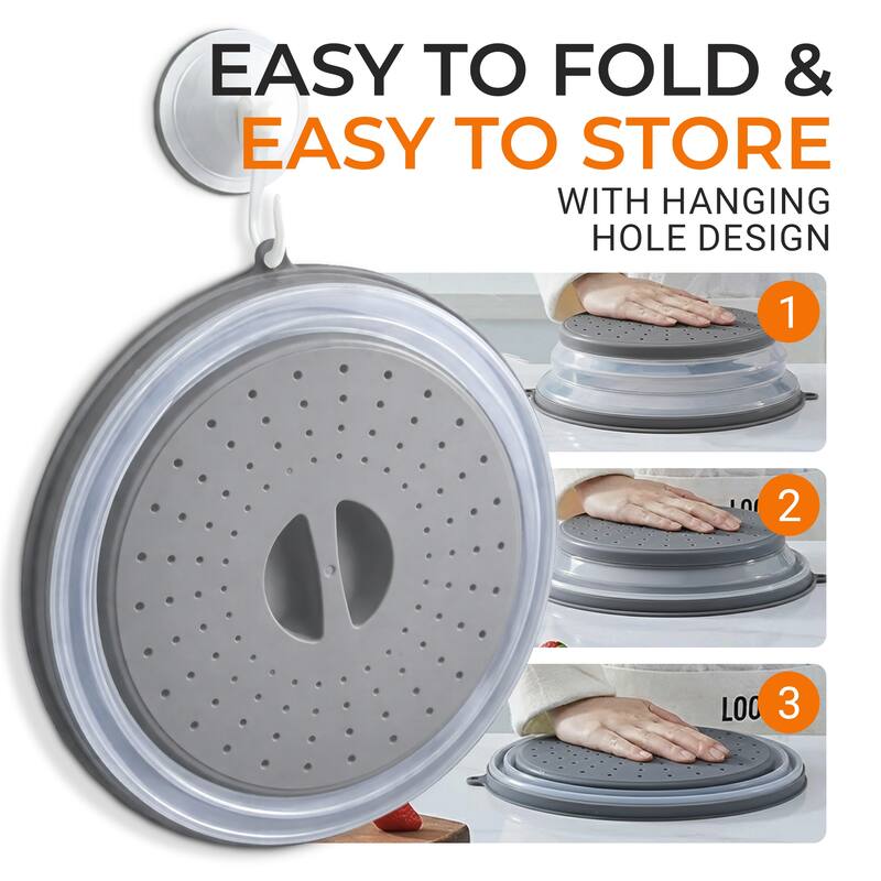 Cheer Collection Collapsible Microwave Splatter Cover 10.5 Inch Vented Food Lid Gray