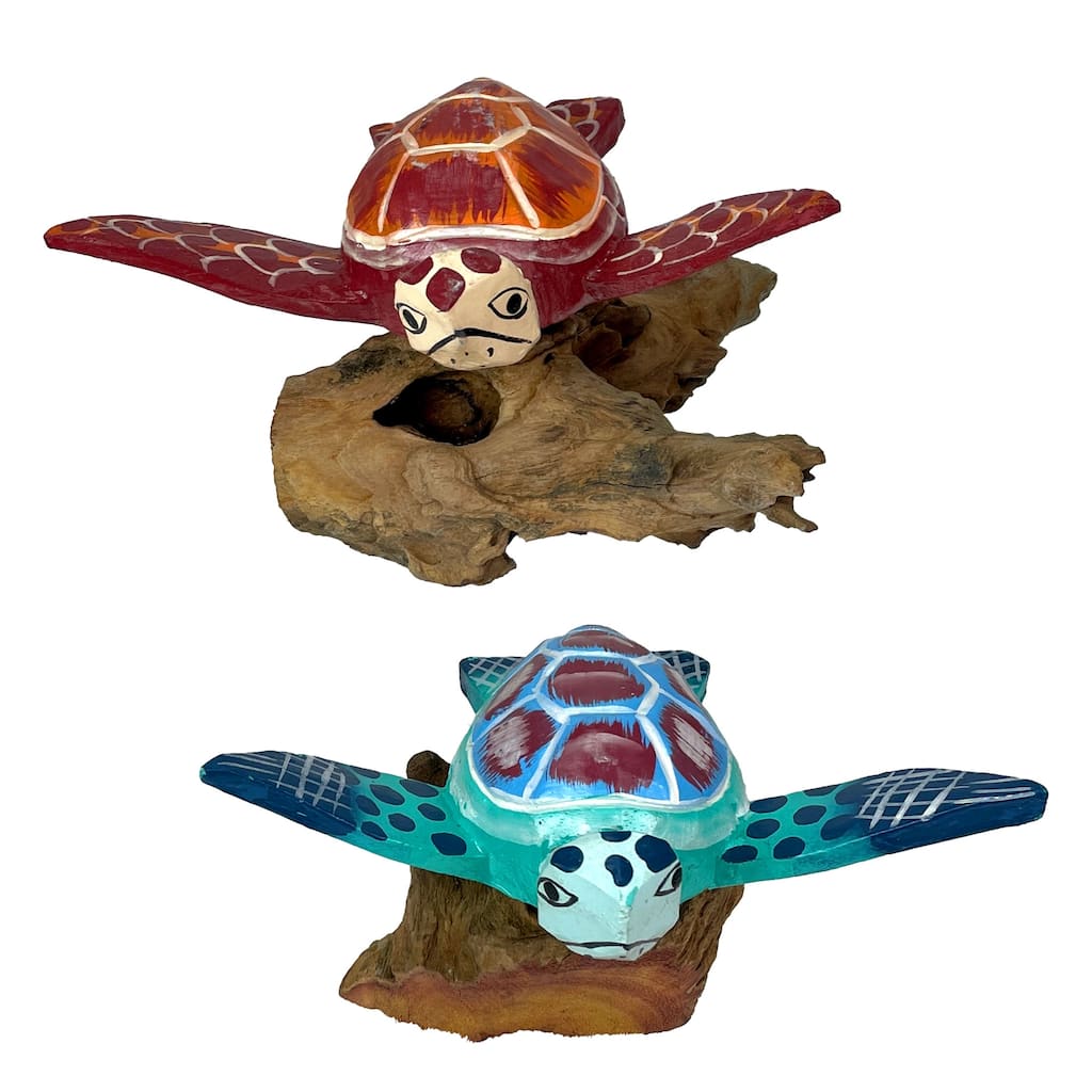 Handcrafted Sea Turtle Sculptures Set Of 2, Coastal Wood Art, Ocean - 4 X 7 X 5 inches