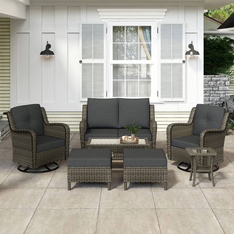 Outdoor 8-Piece Rattan Wicker Patio Furniture Sectional Sofa Set - Brown Frame - Dark Grey/Brown