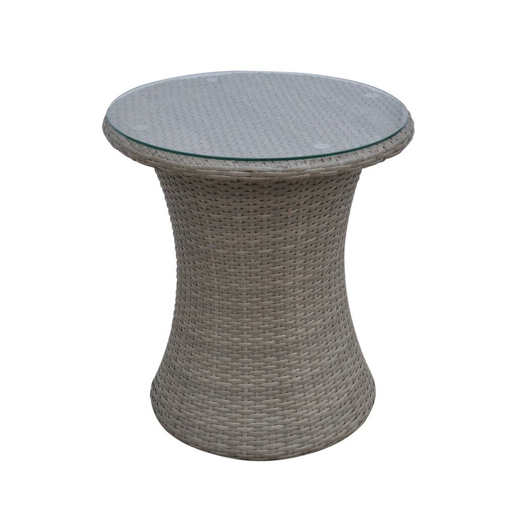 Round Wicker Outdoor Side Table with Glass Top, Gray and Clear