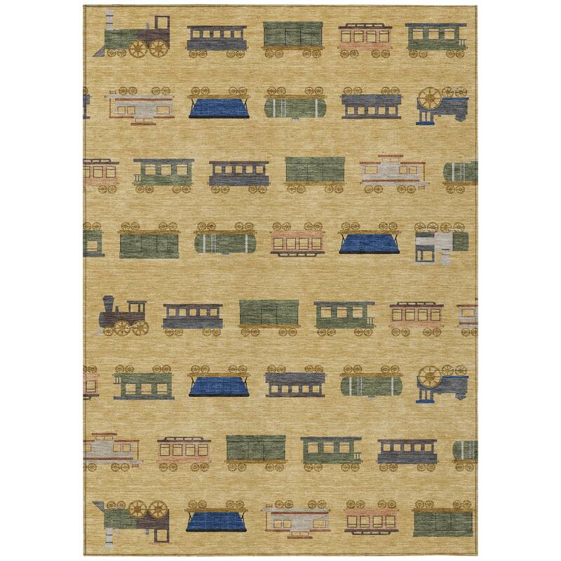 Machine Washable Indoor/ Outdoor Modern Train Chantille Rug