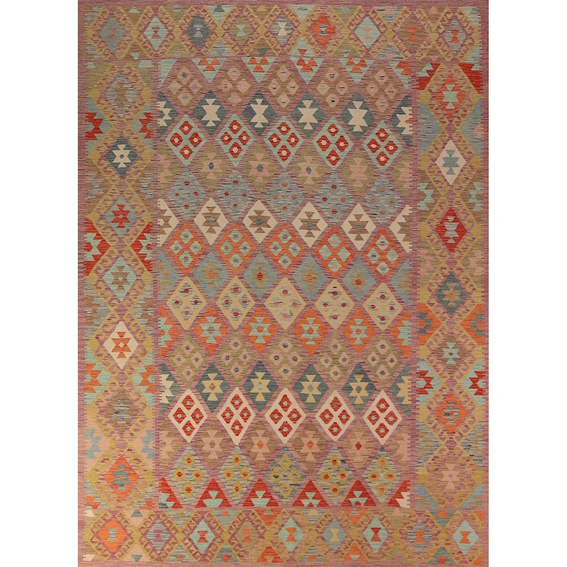 Geometric Kilim Area Rug Hand-Woven Wool Carpet - 8'5"x 11'1"