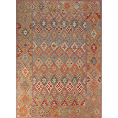 Geometric Kilim Area Rug Hand-Woven Wool Carpet - 8'5"x 11'1"