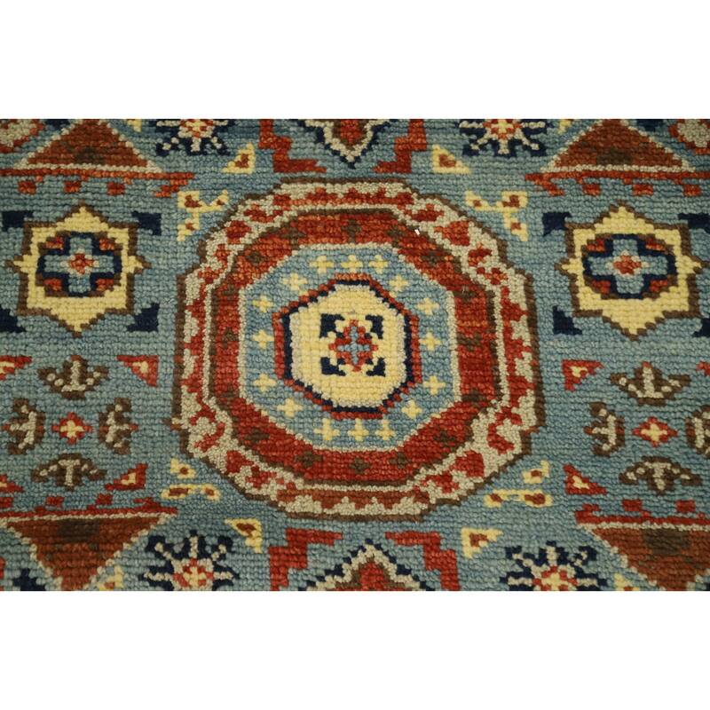 Hand Knotted Oriental 100% Wool Carpet Traditional Geometric Navy Blue & Blues Kazak Runner Rug - 7' 11'' X 2' 5''