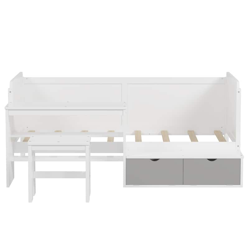 All-in-one Daybed with Built-in Study Desk and Matching Stool, Wood Panel Bed Frame with Storage Shelves and Lockers