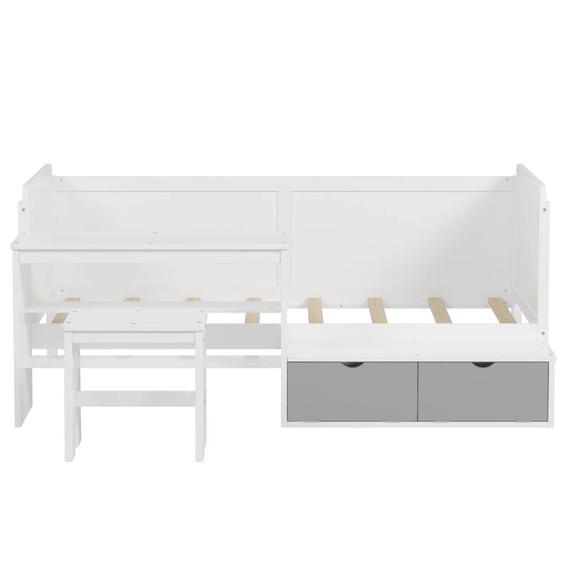 All-in-one Daybed with Built-in Study Desk and Matching Stool, Wood Panel Bed Frame with Storage Shelves and Lockers