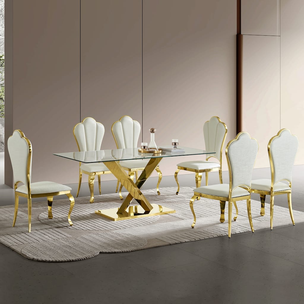 Gold stainless steel dining table 70.08 inch clear tempered glass top