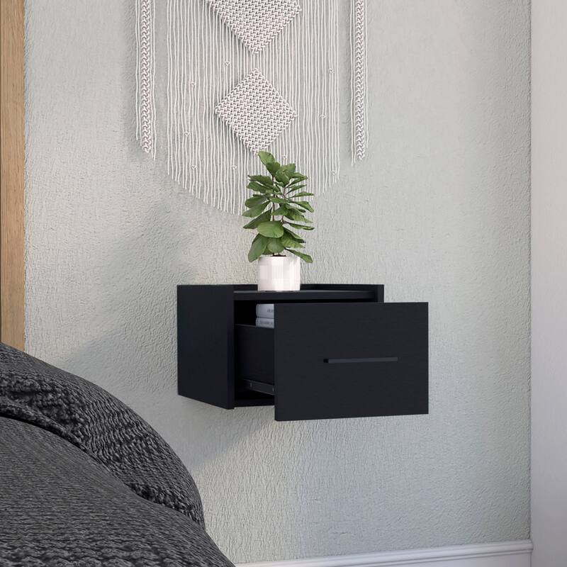 Wall-Mounted Floating Nightstand with Single Drawer - Black