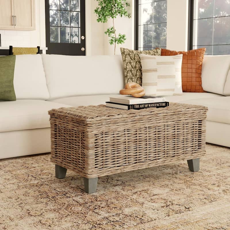 Odessa Rectangular Lift-Top Coffee Table with Hidden Storage – Natural Rattan by East at Main