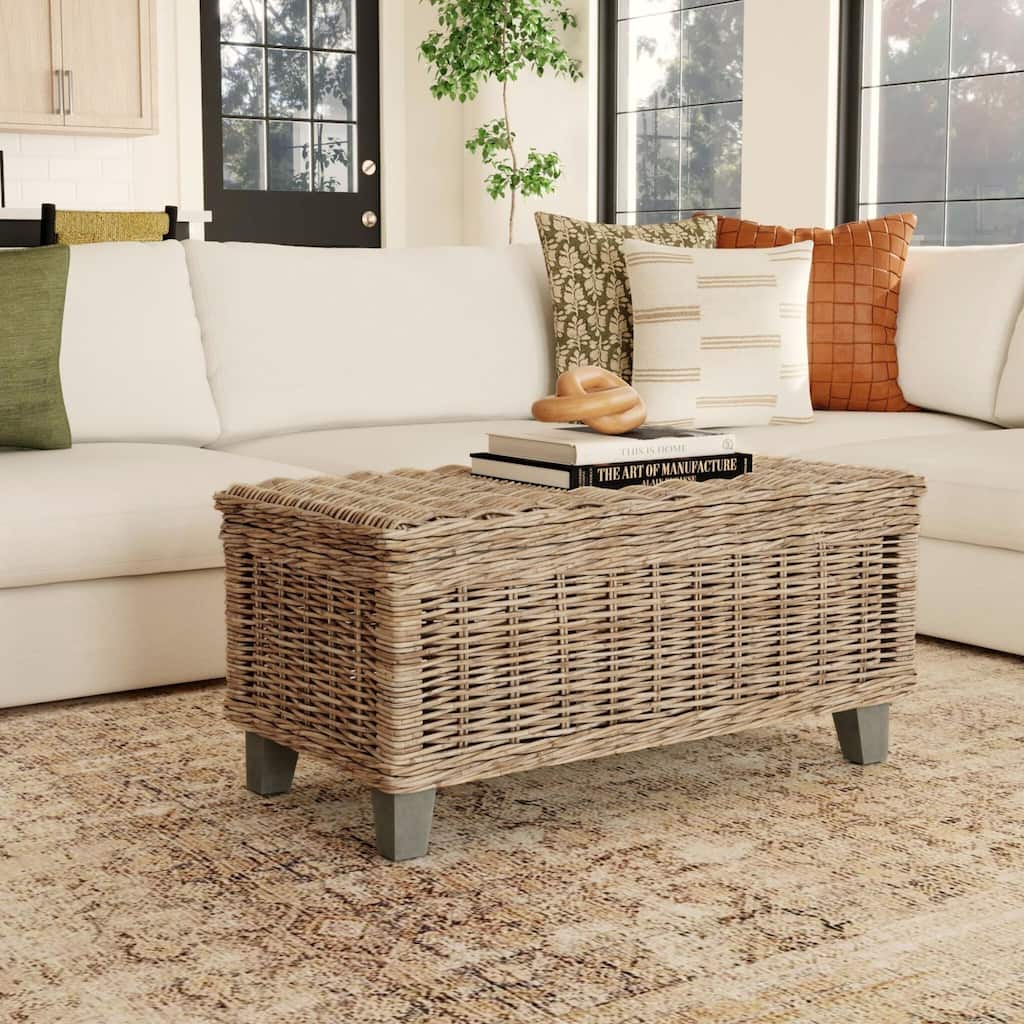 Odessa Rectangular Lift-Top Coffee Table with Hidden Storage – Natural Rattan by East at Main