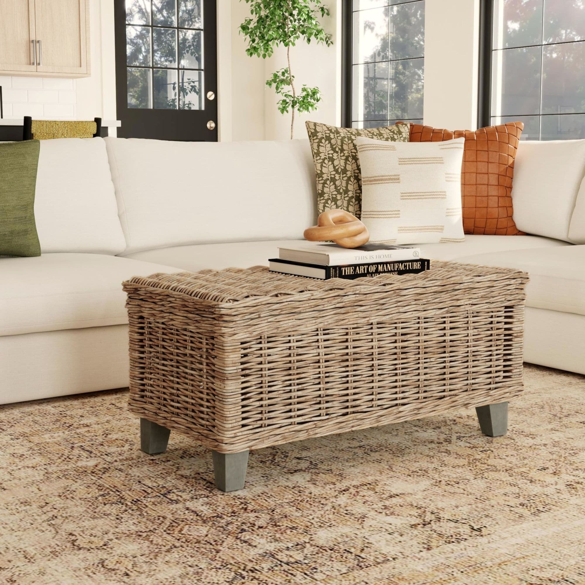 Odessa Rectangular Lift-Top Coffee Table with Hidden Storage – Natural Rattan by East at Main