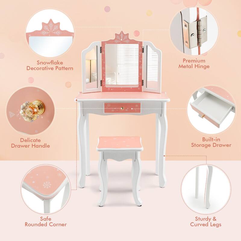 Gymax Kid Vanity Set Wooden Makeup Table Stool Tri-Folding Mirror