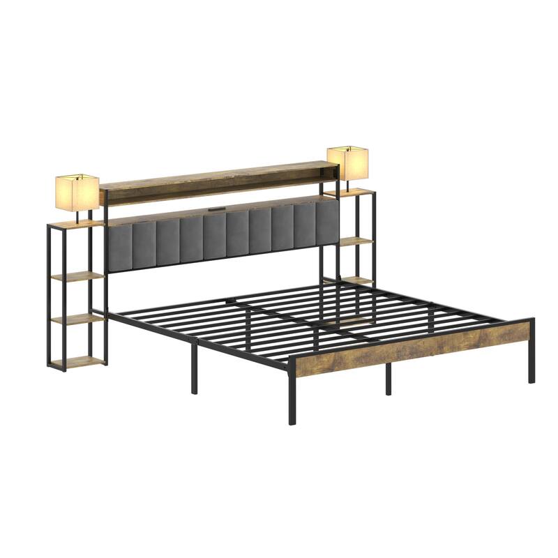 Queen King Size Platform Bed Frame with Storage, LED Lights, and Charging Station, Velvet Upholstered Headboard for Bedroom