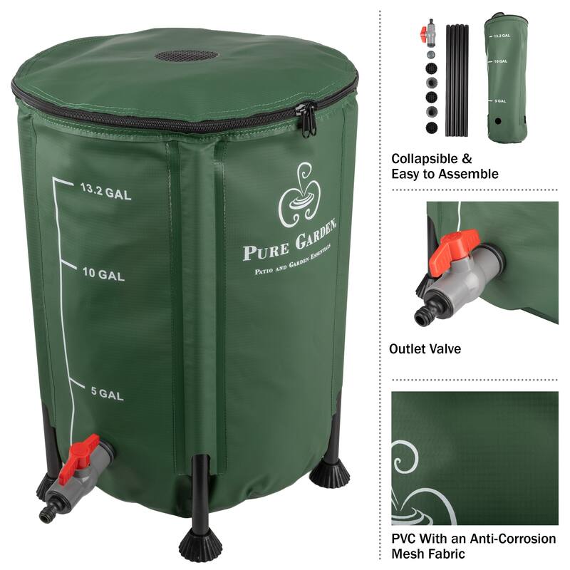 Rain Barrel - Collapsible Water Container for Catching Rainwater - Portable Water Tank with Outflow Valve by Pure Garden (Green)