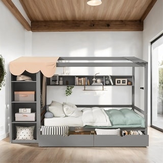 Full Size Wood House Bed with Drawers and Wardrobe