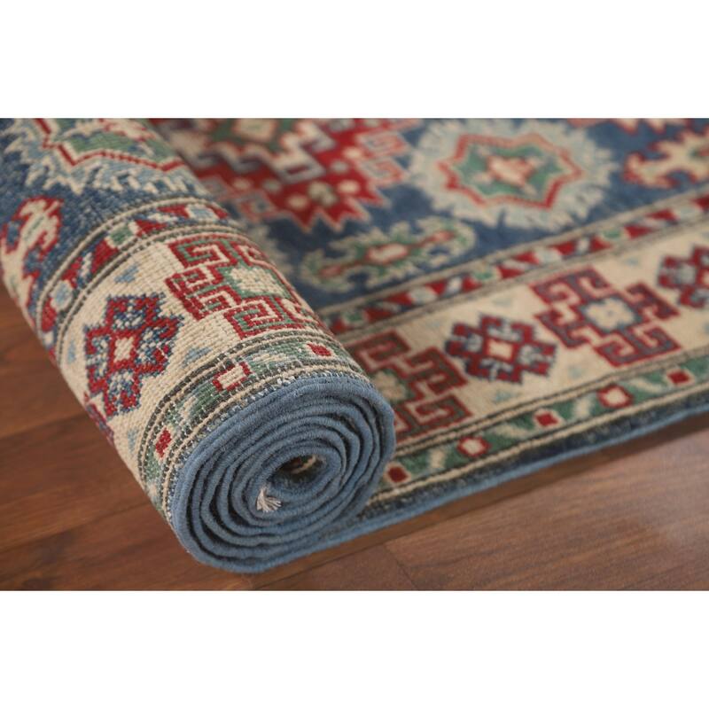 Geometric Kazak Runner Rug Hand-Knotted Blue Wool Carpet - 2'6" x 12'8"