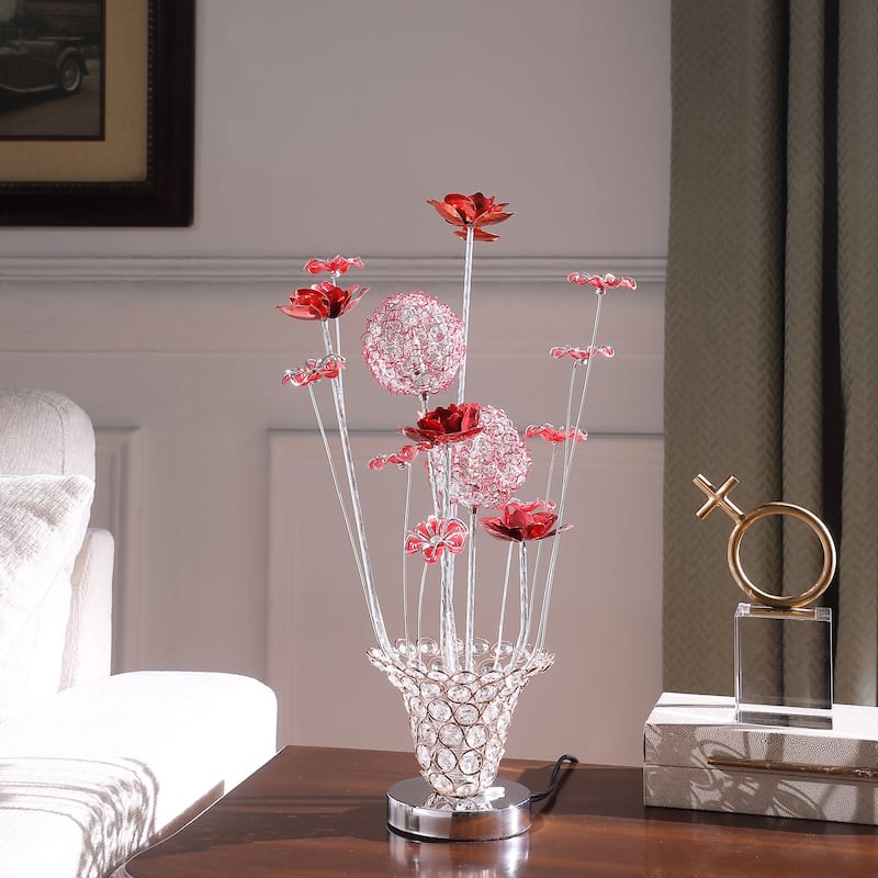 LED Aluminum 4 Rose Floral Trumpet Vase Table Lamp - Red