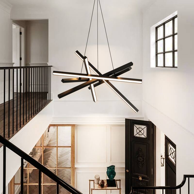 55-Watt 6-Light Modern Industrial Black Sputnik Rectangle Metal Integrated LED Chandelier for Living Room, Bedroom