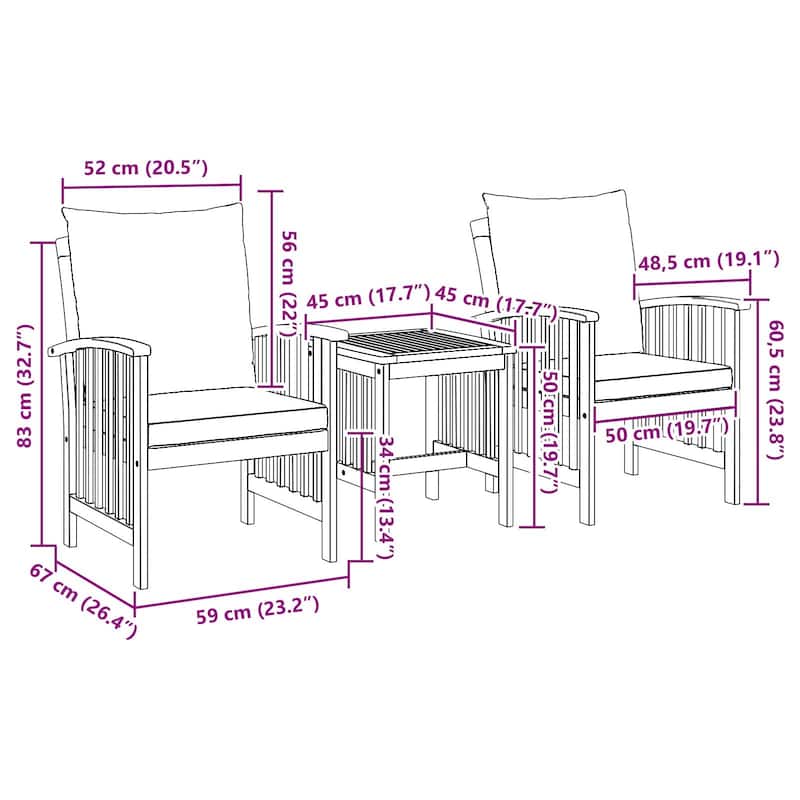 vidaXL Patio Furniture Set Patio Table and Chairs Dining Set Solid Acacia Wood - 26.4 x 23.2 x 32.7 in
