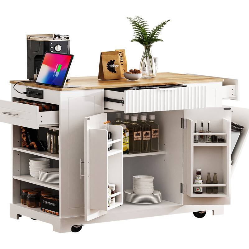 Mobile Kitchen Island with Trash Can Storage, Power Outlet, 3 Drawers, Open Shelves, 5 Wheels, Fluted Design