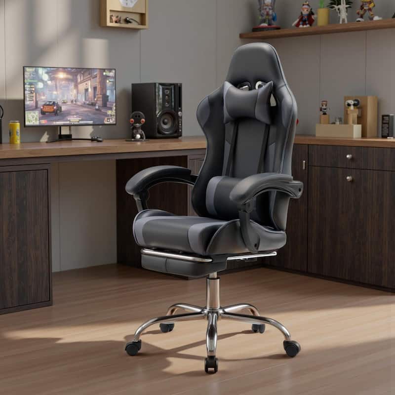 Ergonomic Faux Leather High Back Gaming Chair with Footrest & Linkage Armrests – Black & Gray for Adults