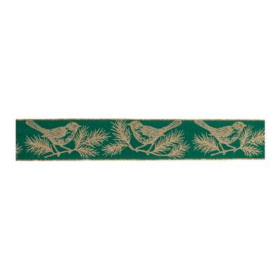 Set of 2 Wired Holiday Ribbon in Gold and Green with Bird and Pine Motif for Gift Wrapping or Wreaths - 360”L x 2.5”W x 0.25”H