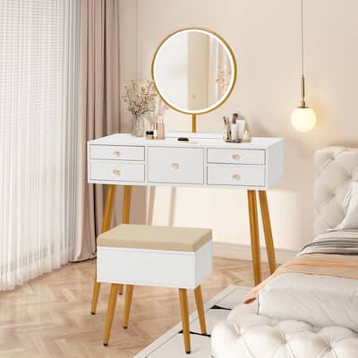 White & Gold Vanity Set with Storage Stool, 5-Drawer Makeup Table & LED Mirror, Small Vanity for Bedroom or Living Room