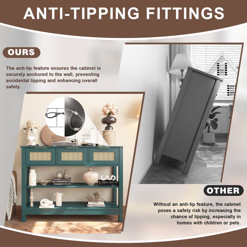 Anmytek Teal Rattan Entryway Console Table with 3 Drawers Adjustable Shelves Boho Chic Storage