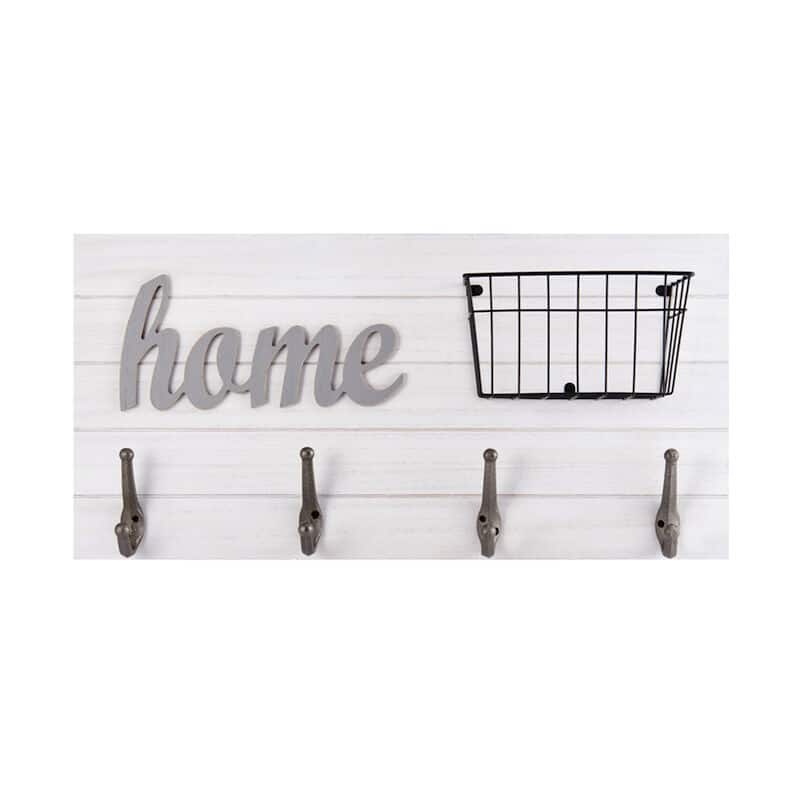 Melannco Home Wall Plaque with Metal Hooks and a Basket, 24 Inch