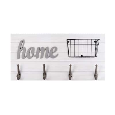 Melannco Home Wall Plaque with Metal Hooks and a Basket, 24 Inch
