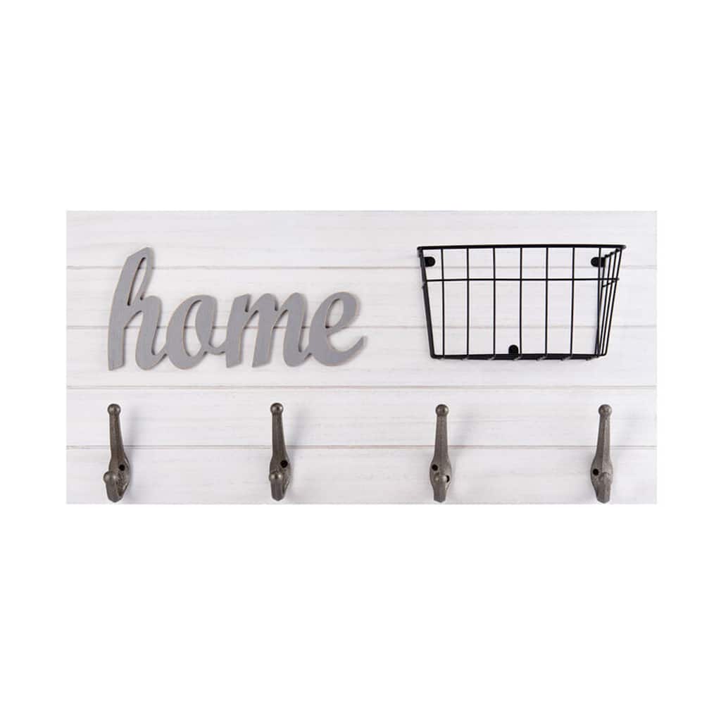 Melannco Home Wall Plaque with Metal Hooks and a Basket, 24 Inch