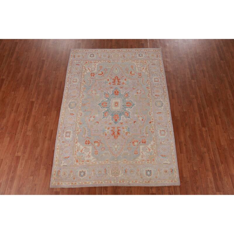 Hand Knotted Oriental 100% Wool Carpet Transitional Medallion Purples Oushak Area Rug - 9' 0'' X 6' 2''