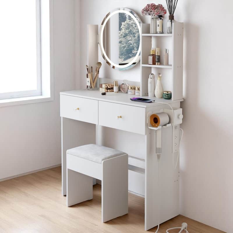 Modern Vanity Set with Touch LED Mirror, Built-in 2 AC Outlets, USB & Type-C Charging, Stool Included, Makeup Storage Desk