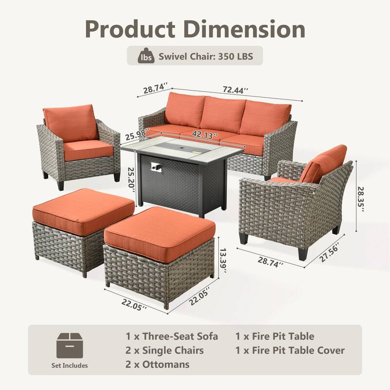 HOOOWOOO 6-piece Patio Furniture Wicker Conversation Set with Fire Pit Table
