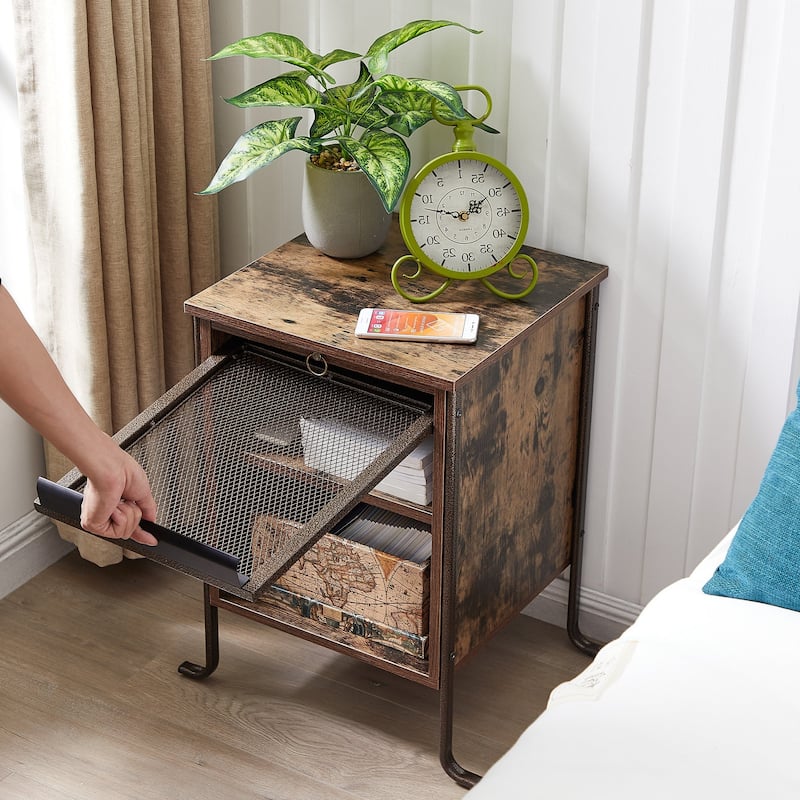 Set of 2 Modern Nightstand with Pull-out Shelf and Mesh Cabinet, Brown
