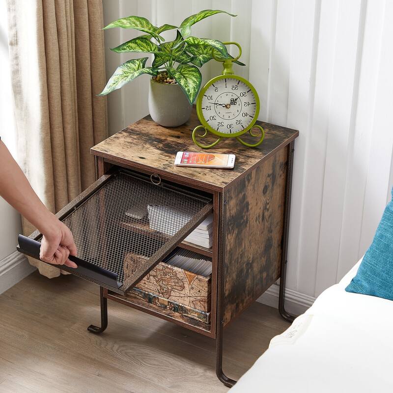 VECELO 3-tier Shelves Modern Brown Nightstand with Switchable Door and Retractable Shelf(Set of 2)