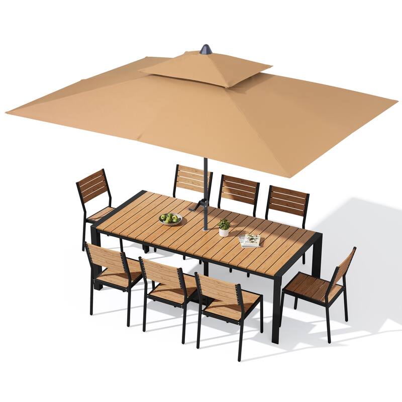 9/11-Piece Outdoor Dining Set w/10 ft Umbrella and Base Aluminum Dining Table and Stackable Chairs - Set of 11 - Brown Table with Tan Umbrella
